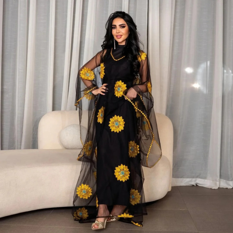 Women Floral Embroidered Maxi  - Embroidery Yellow Dress ulasan dan harga