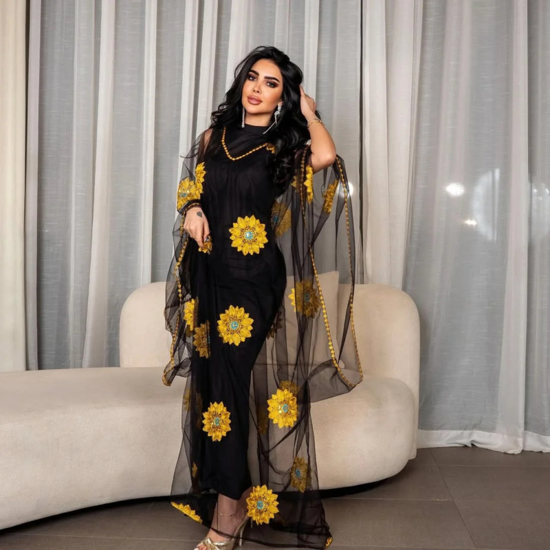 Women Floral Embroidered Maxi  - Embroidery Yellow Dress ulasan dan harga