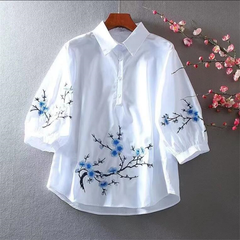 White Embroidered Shirt Women  - Embroidery Cotton Shirt ulasan dan harga
